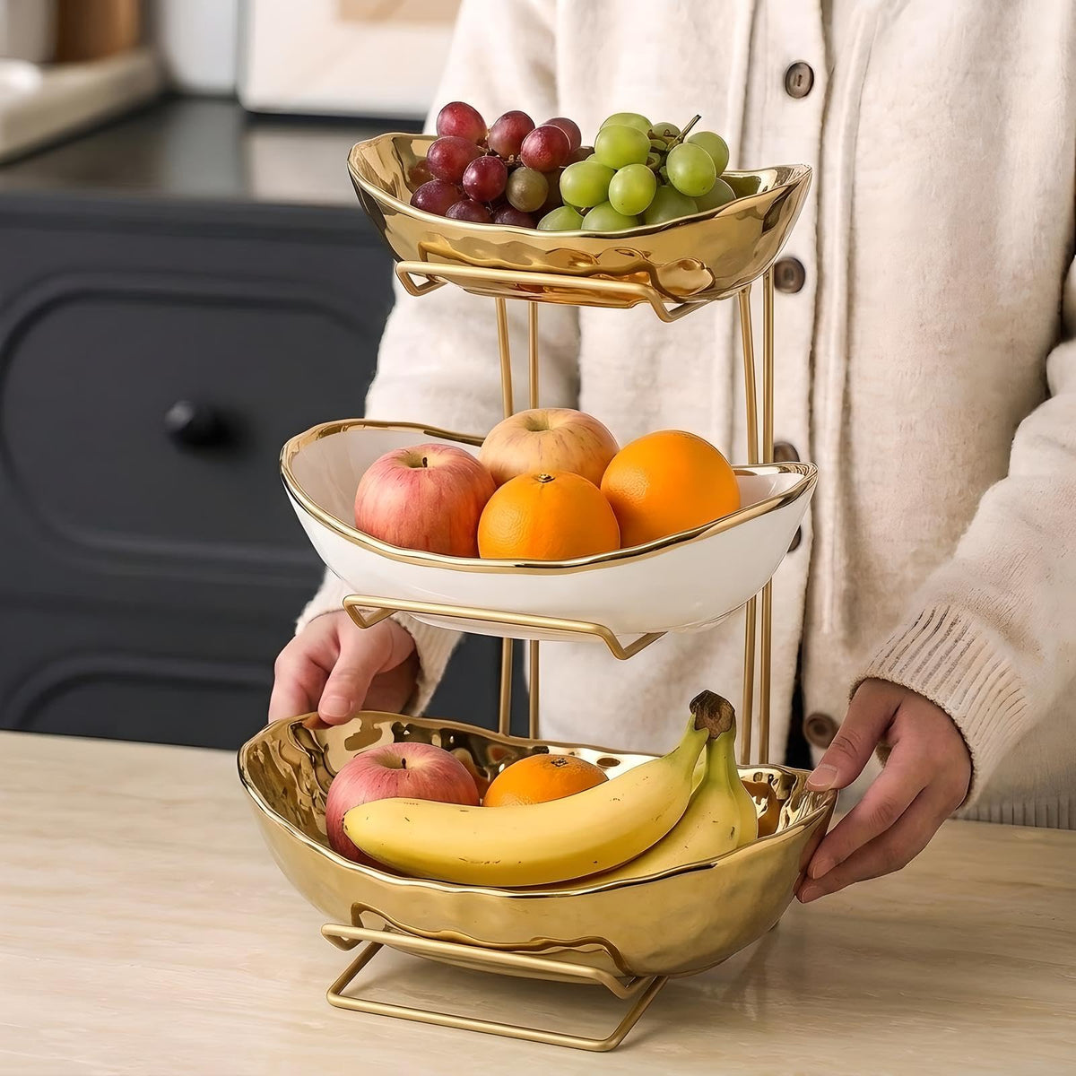 MEIGLQEA gold-accent tray adds elegant centerpiece for fruit and sweets.