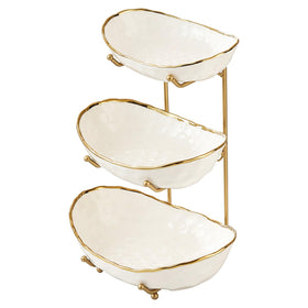 MEIGLQEA white three-tier fruit bowl with gold stand on countertop for organized display