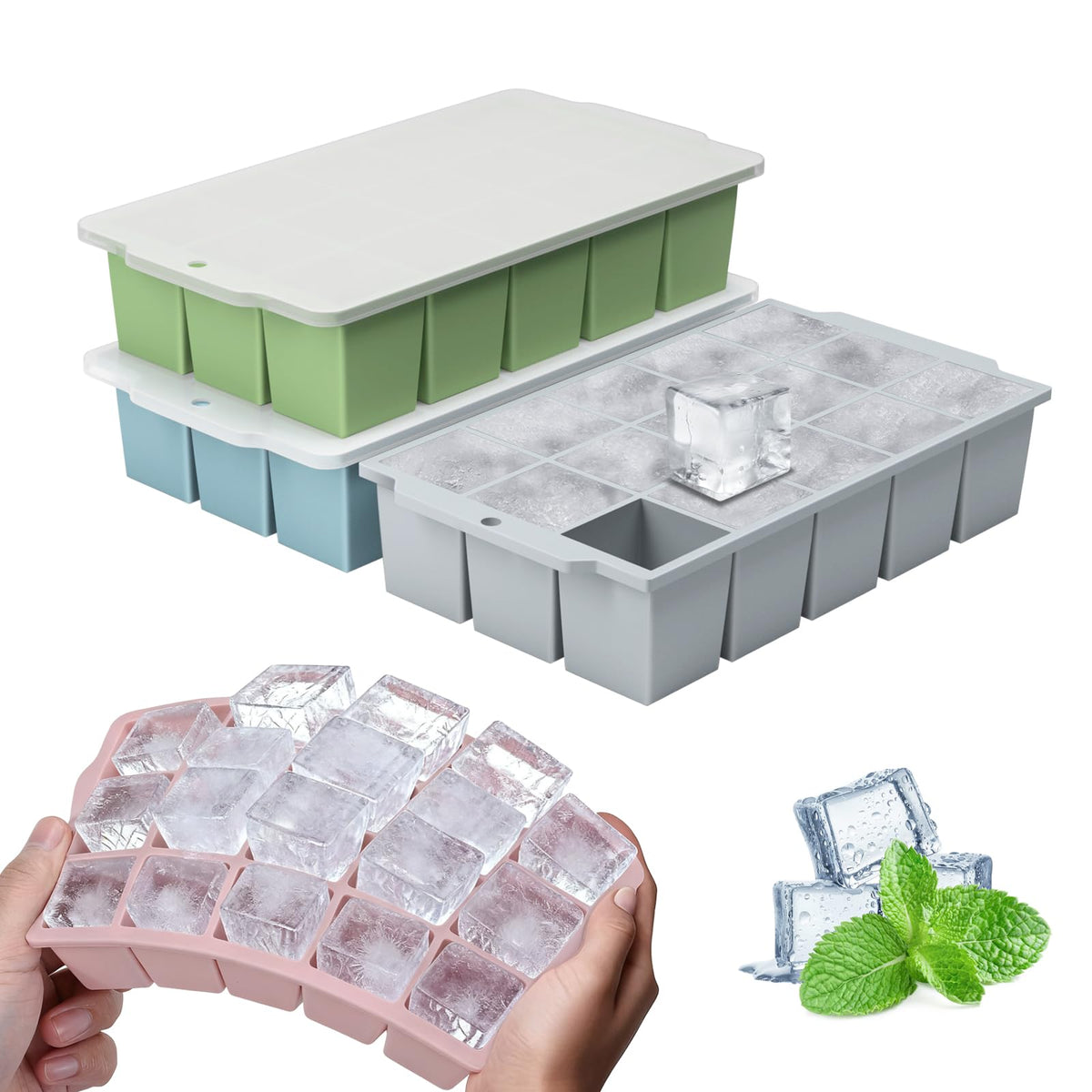 MEIJO four-pack silicone ice tray with lock lids ensures organized freezer storage.