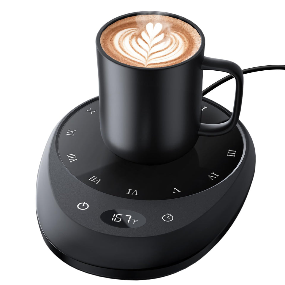 MEION coffee mug warmer top view demonstrates compact desk-friendly design that keeps drinks warm