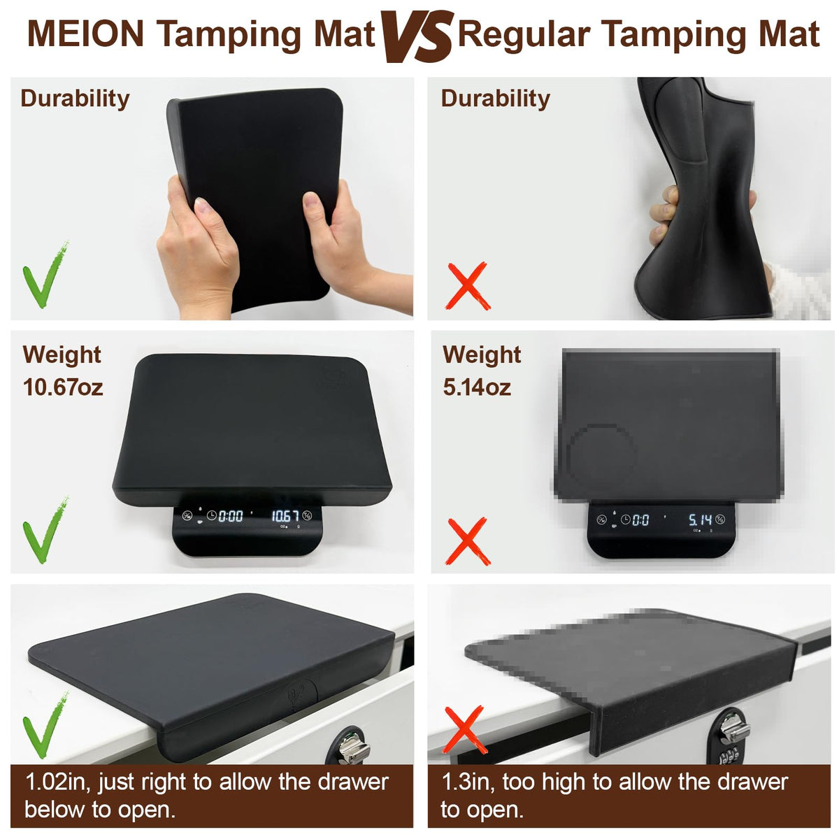 MEION Espresso Tamping Mat corner design protects countertops and portafilters.