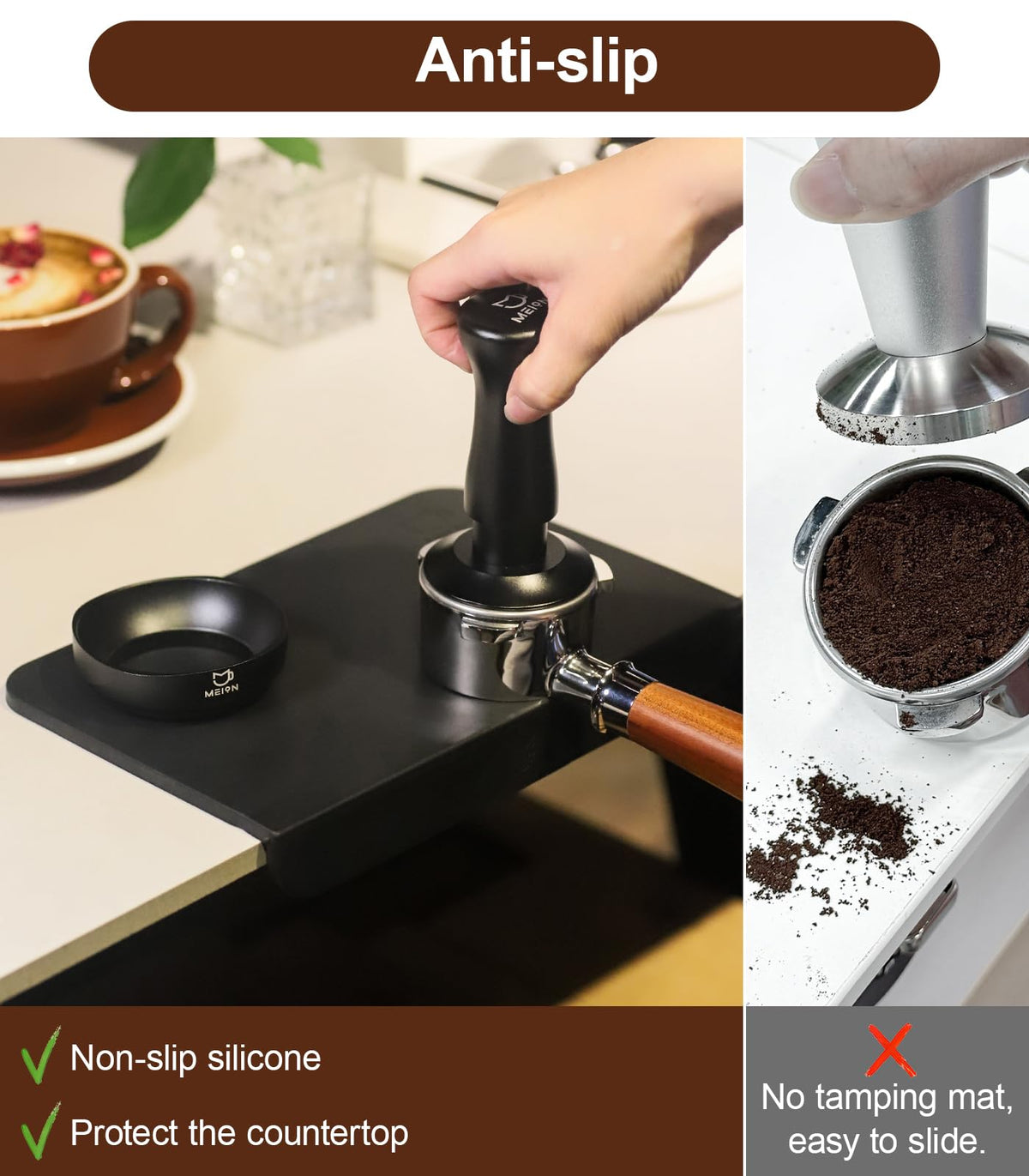 MEION Espresso Tamping Mat non-slip surface keeps tamping steady.