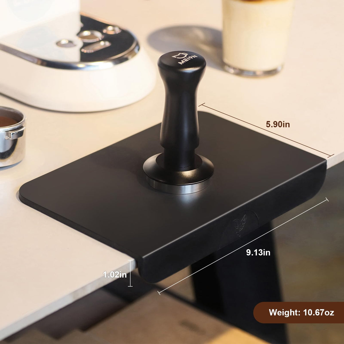 MEION Espresso Tamping Mat supports multiple portafilter sizes.
