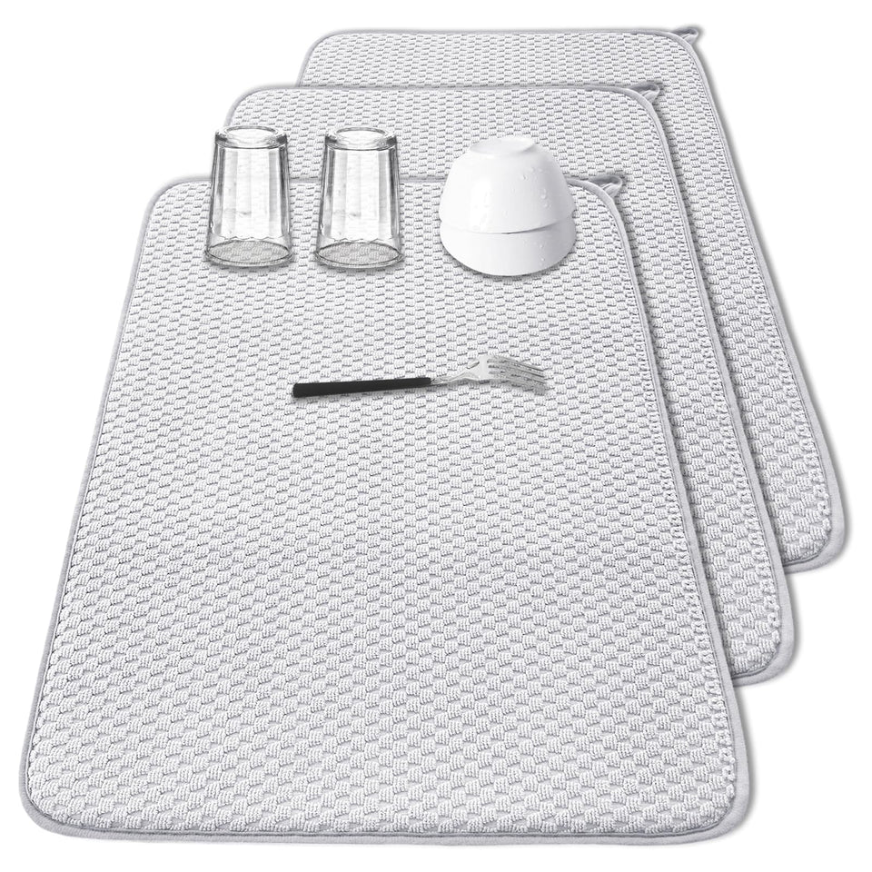 Meirrnyyu three-pack dish drying mats on counter, absorbent and space-saving