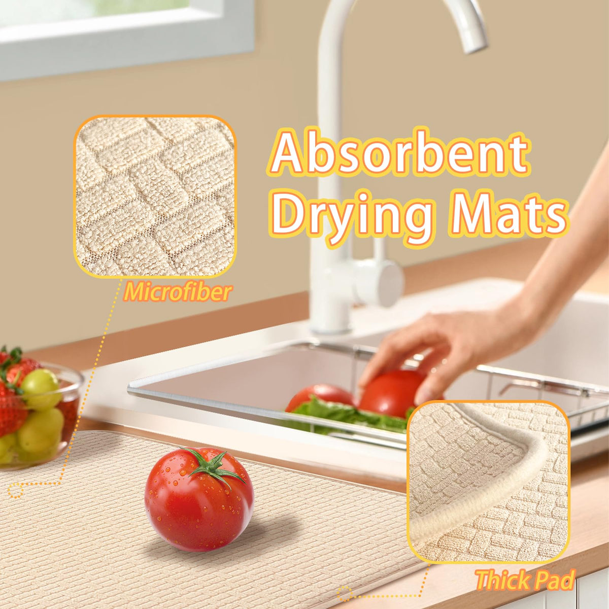 Meirrnyyu beige counter mat provides spacious drying area for dishes and cups