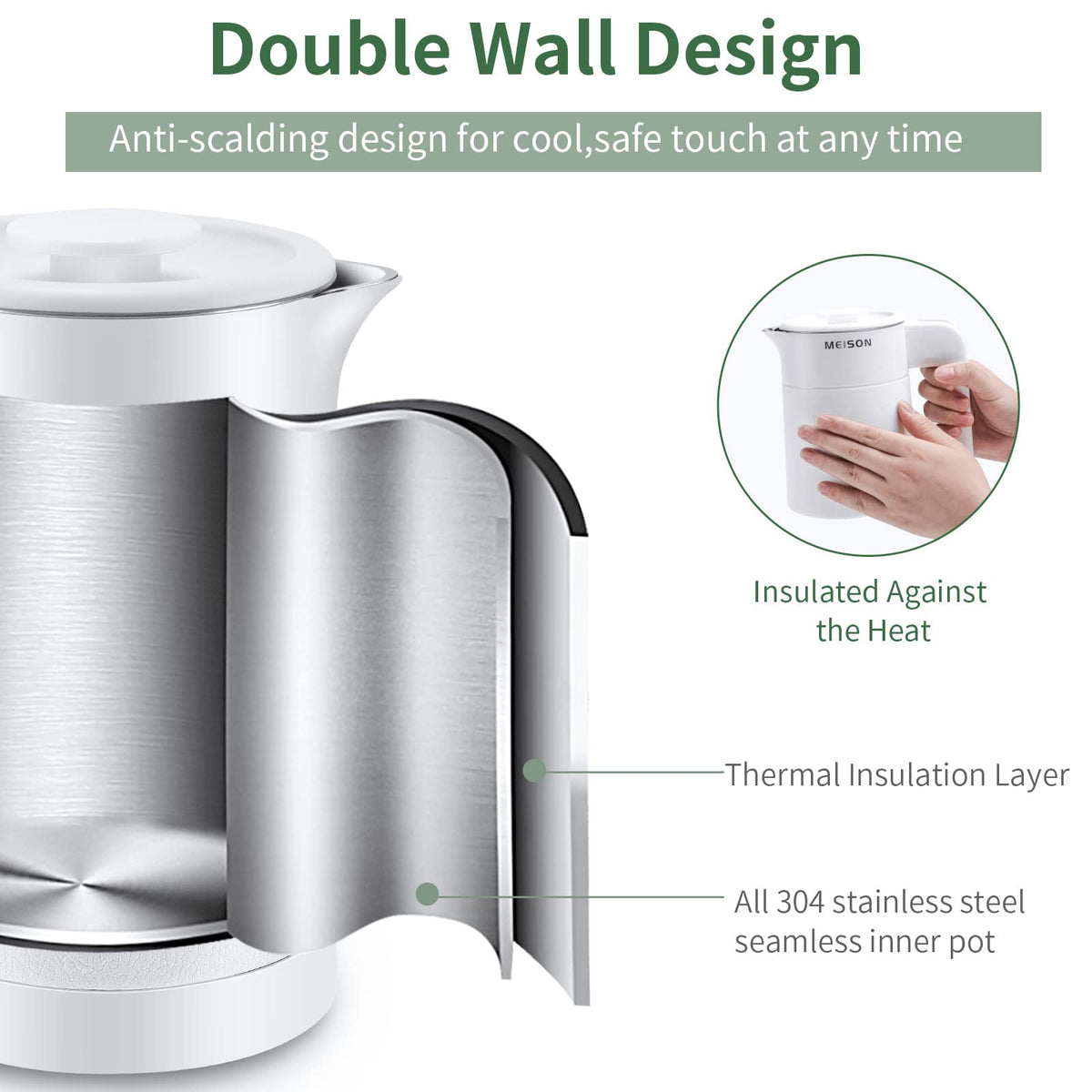 MEISON 0.6L kettle cool-touch exterior for safe handling