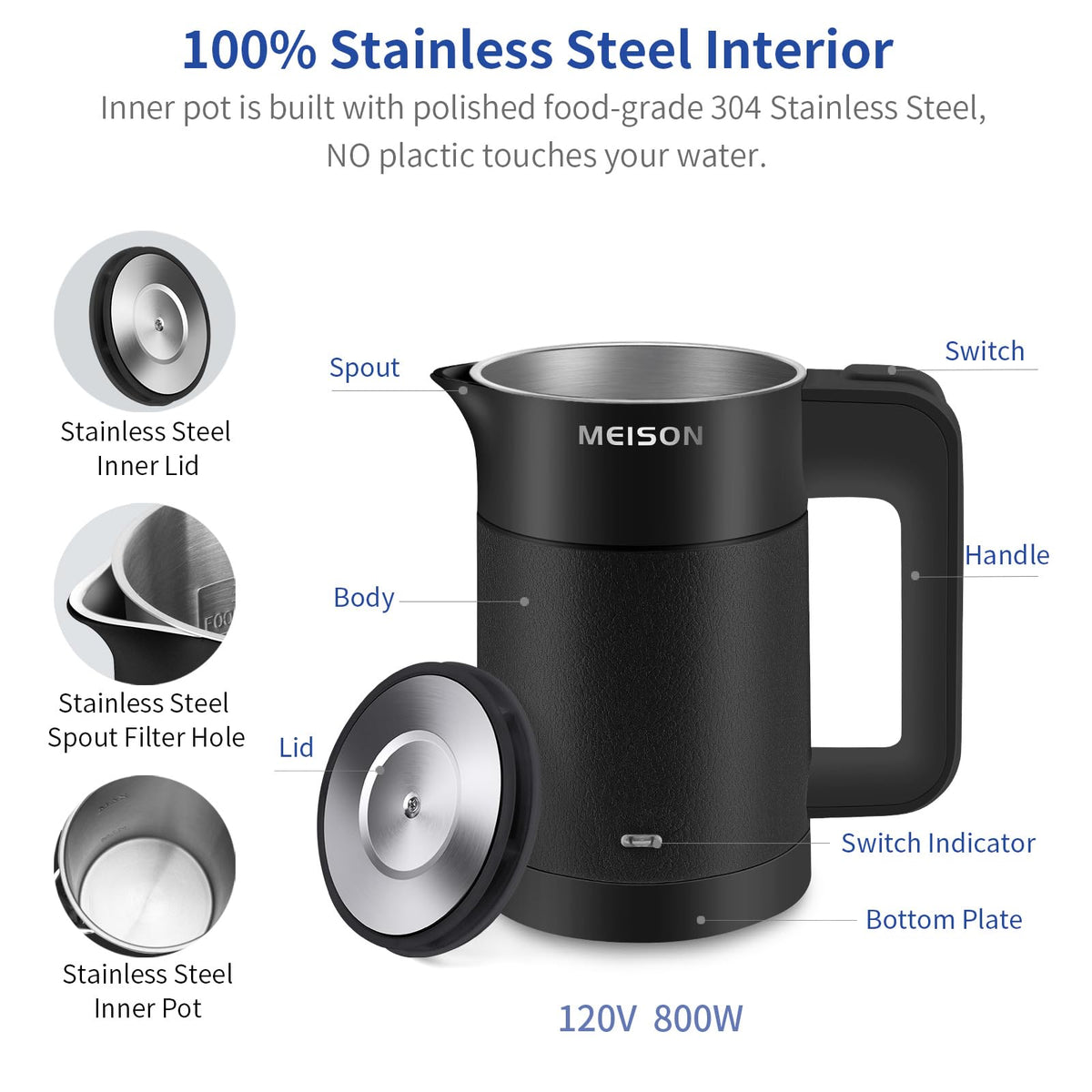 MEISON 0.6L kettle interior stainless steel prevents plastic contact with hot water.