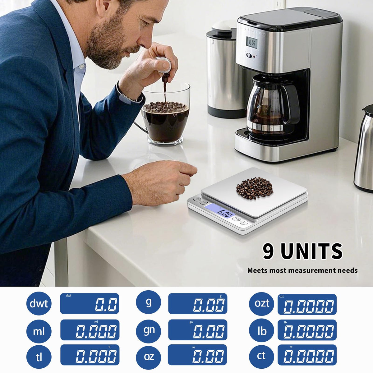 Meiya gram-scale 9-units display supports versatile weighing for recipes.