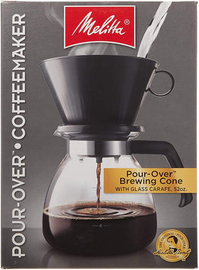 Melitta 52oz pour-over brewer with glass carafe in black, ideal for crowd-friendly mornings.