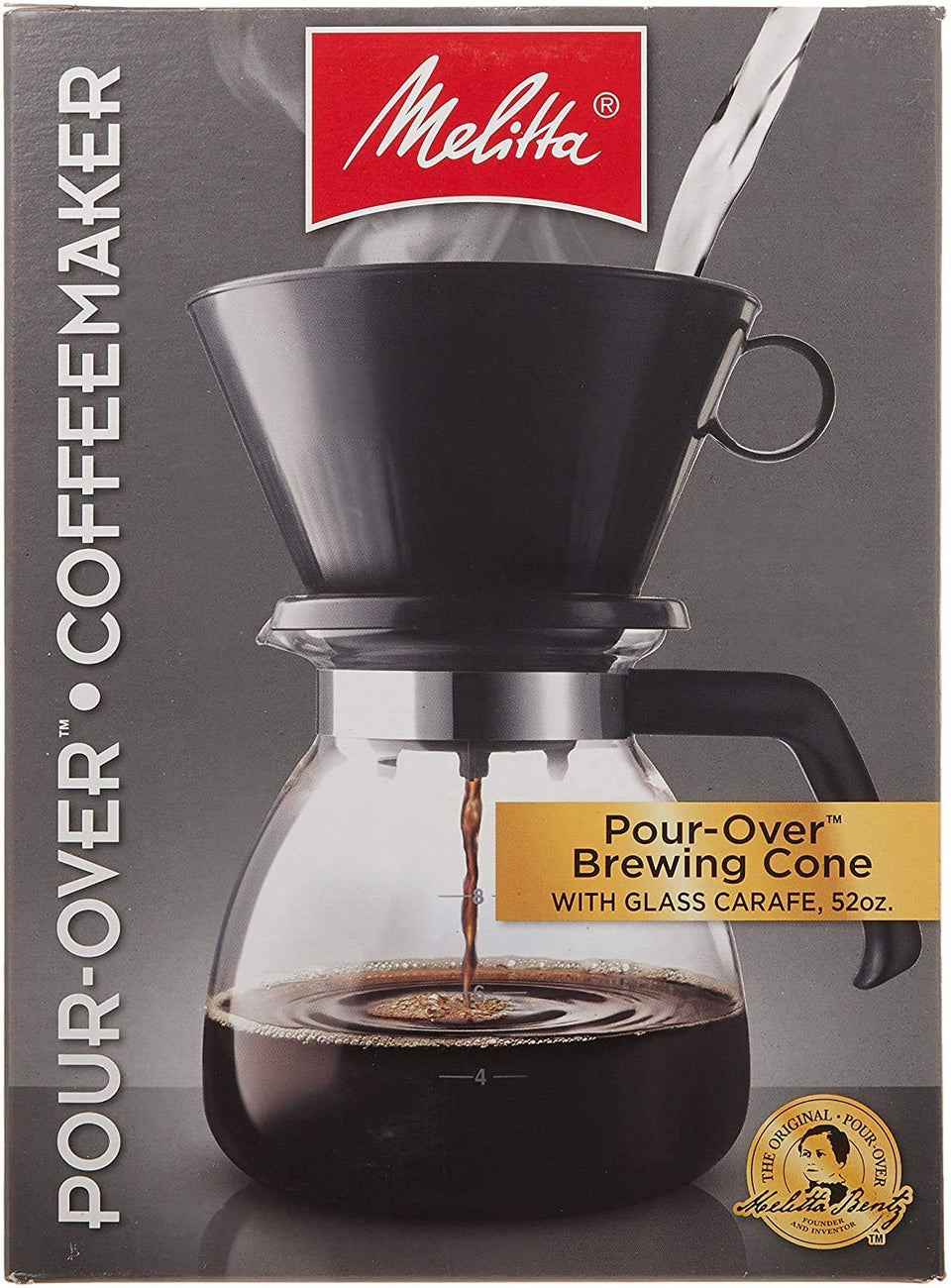 Melitta 52oz pour-over brewer with glass carafe in black, ideal for crowd-friendly mornings.