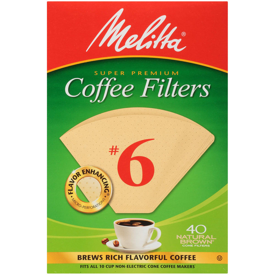 Melitta cone filters packaging view in natural brown, for cleaner brewing.