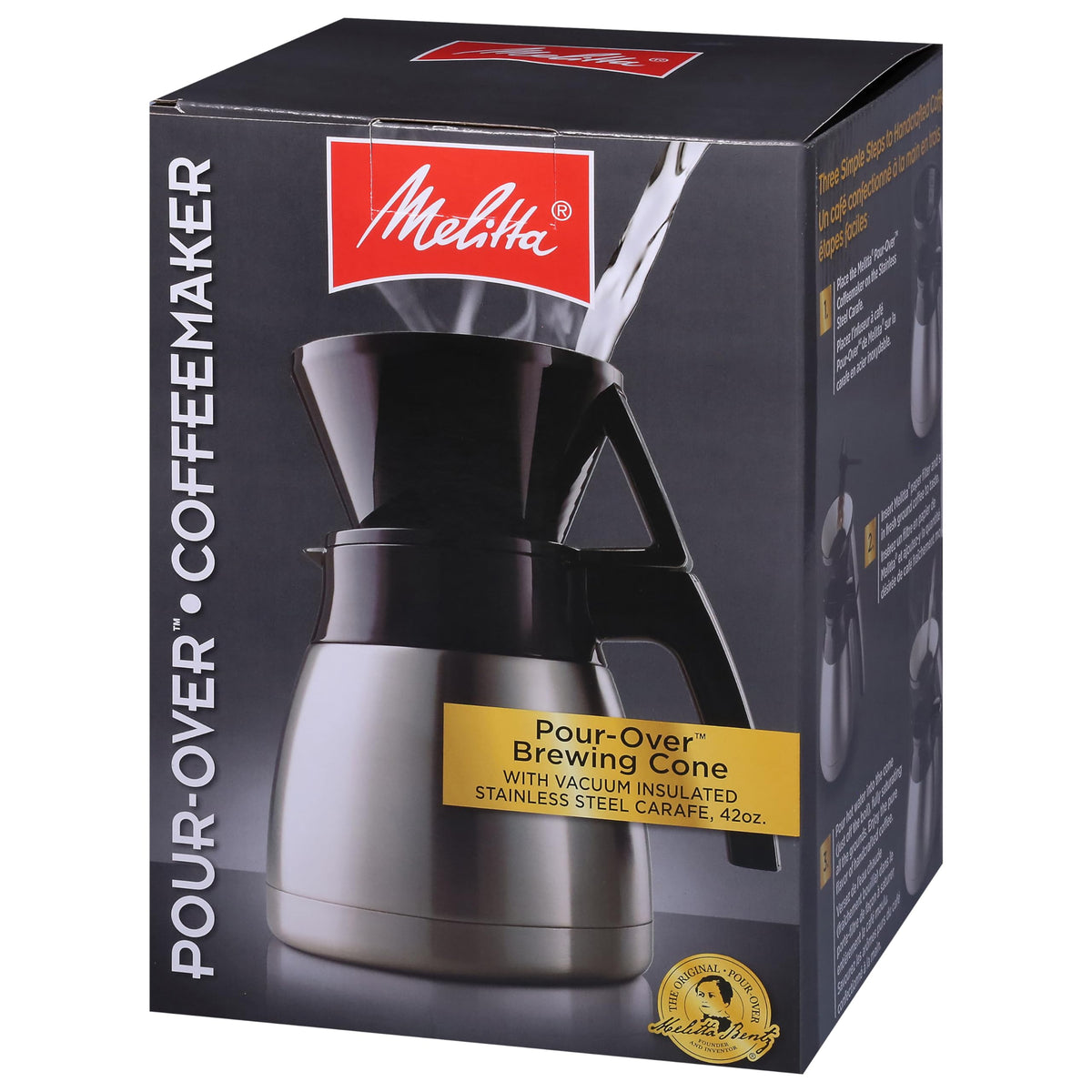 Melitta plastic brew cone shown with filters for easy pouring.