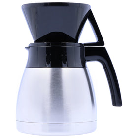 Melitta pour-over brewer with thermal carafe keeps coffee hot for hours.