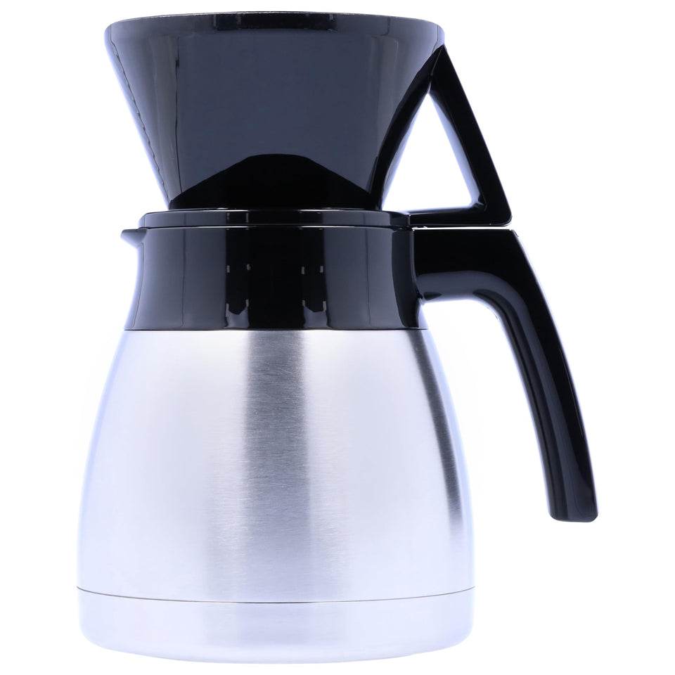 Melitta pour-over brewer with thermal carafe keeps coffee hot for hours.