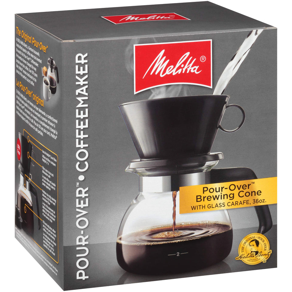 Melitta pour-over coffee brewer with glass carafe for fresh, flavorful home brewing
