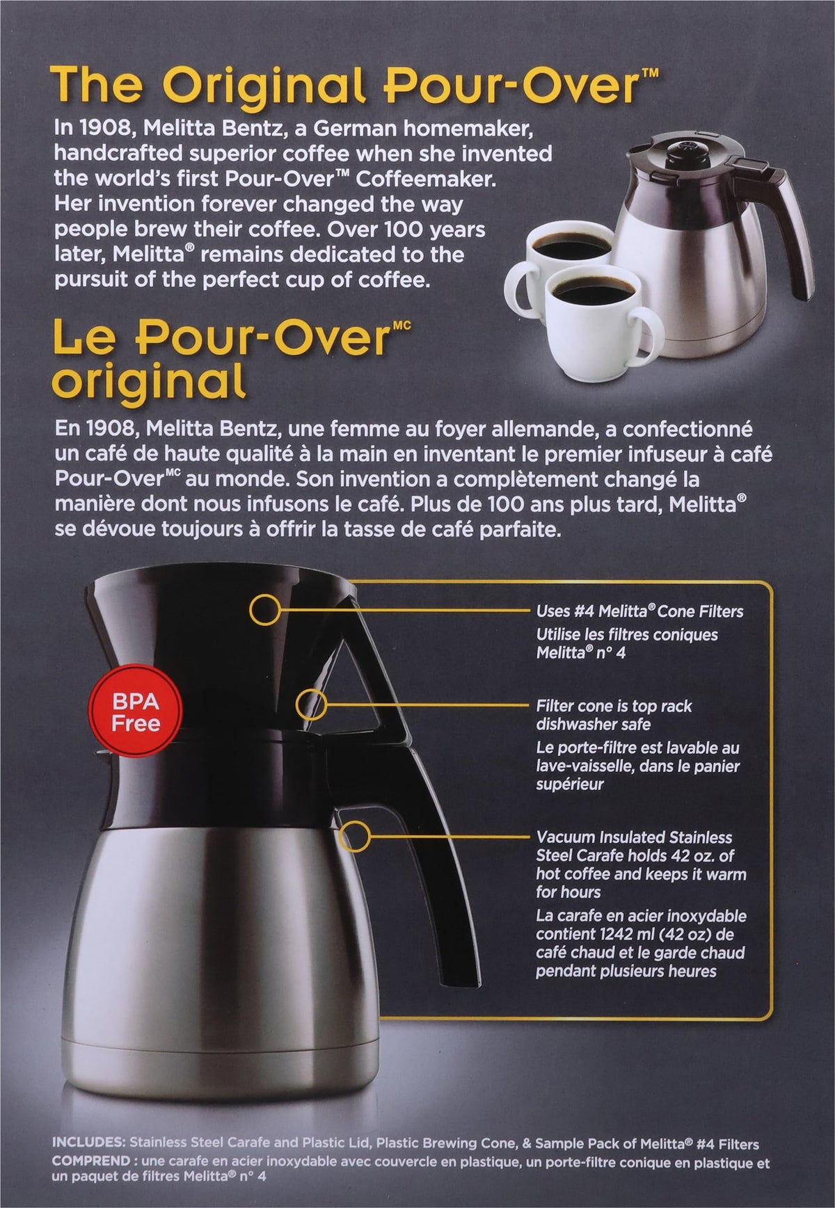 Melitta stainless steel carafe holds 42 ounces for office sharing.