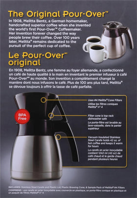 Melitta stainless steel carafe holds 42 ounces for office sharing.