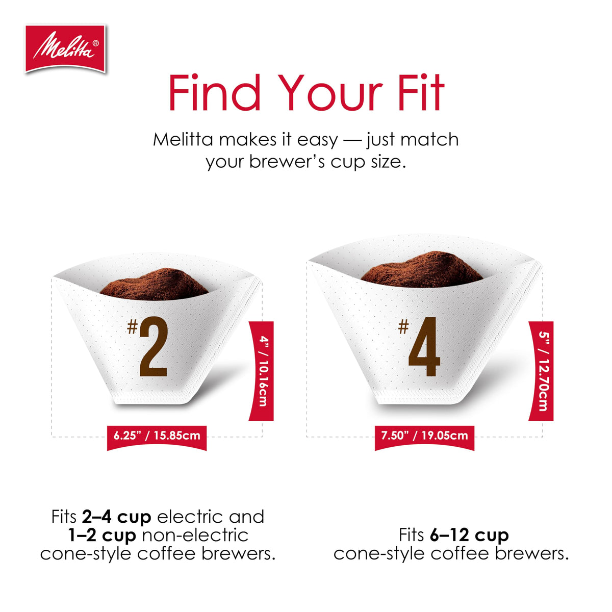 Melitta filters fit most 8-12 cup cone makers and pour-overs.
