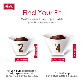 Melitta filters fit most 8-12 cup cone makers and pour-overs.