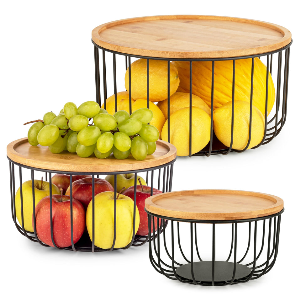 Melka Home fruit basket set on kitchen counter, showcasing modern organization and style.