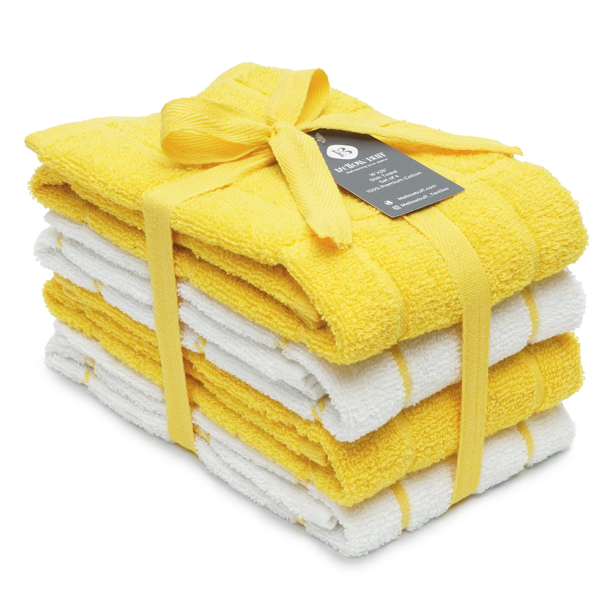 Mellow Buff 100% cotton terry dish towels are soft and absorbent for gentle drying.
