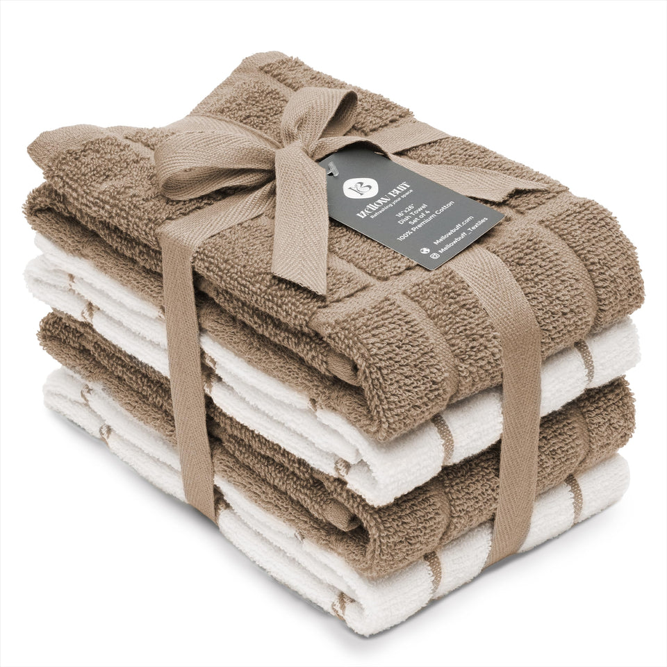 Mellow Buff dish towel tan, 16x26 inches, highly absorbent for quick kitchen drying.