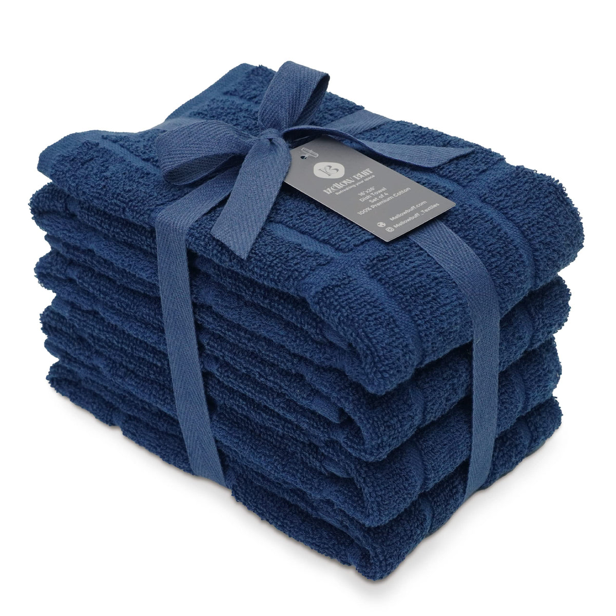 Mellow Buff navy blue dish towels stacked, soft and highly absorbent for quick drying