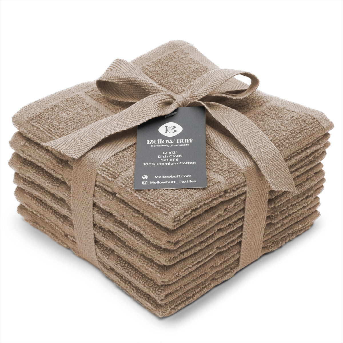 Mellow Buff six-pack dish cloths and towels in packaging, ideal for kitchen organization.
