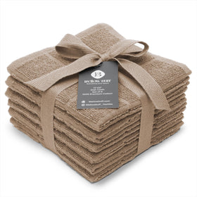 Mellow Buff six-pack dish cloths and towels in packaging, ideal for kitchen organization.