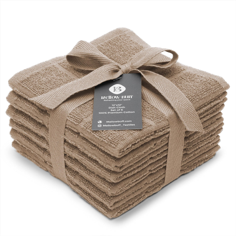 Mellow Buff six-pack dish cloths and towels in packaging, ideal for kitchen organization.