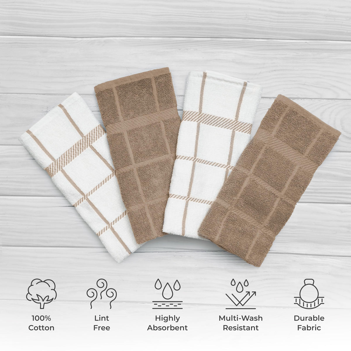 Mellow Buff tan dish towels are soft, lint-free, and durable for daily use.