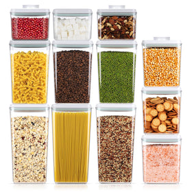 Melovom pop-top airtight lid in action provides quick one-handed sealing for fresh pantry staples.