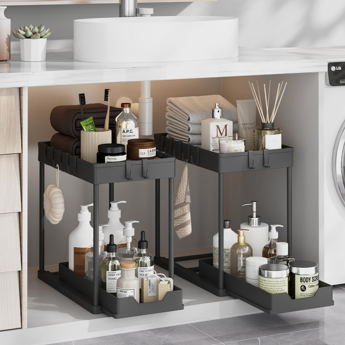 Meltrck under-sink organizer with whisper-quiet sliding drawers for quick access