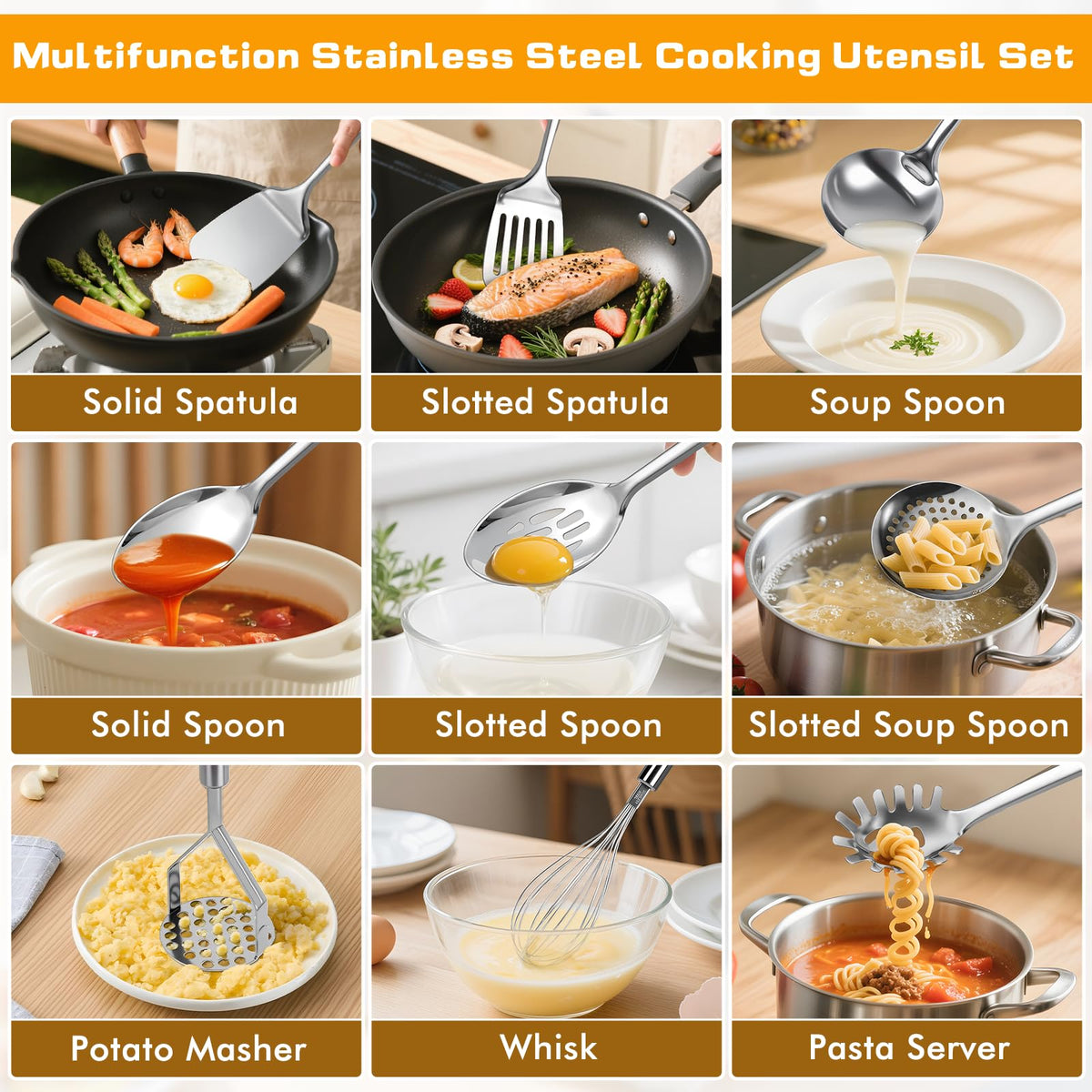 MemoGem stainless steel slotted spatula durable heat resistant flipping tool.