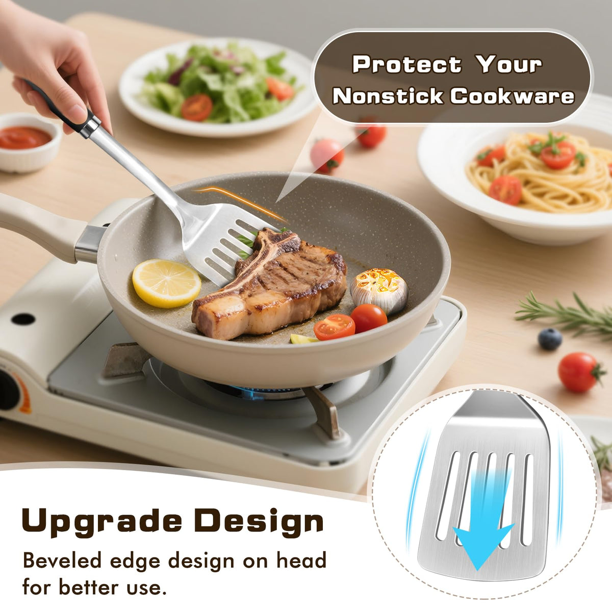 MemoGem stainless steel slotted spoon drains liquids while serving vegetables