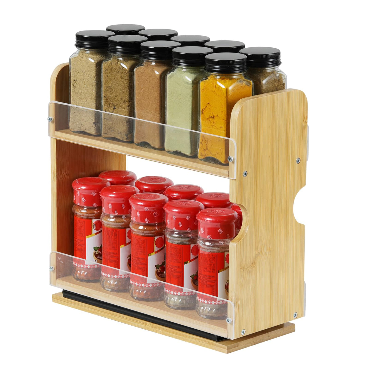 Memxike bamboo spice rack two-tier with smooth slides for easy access and organization.