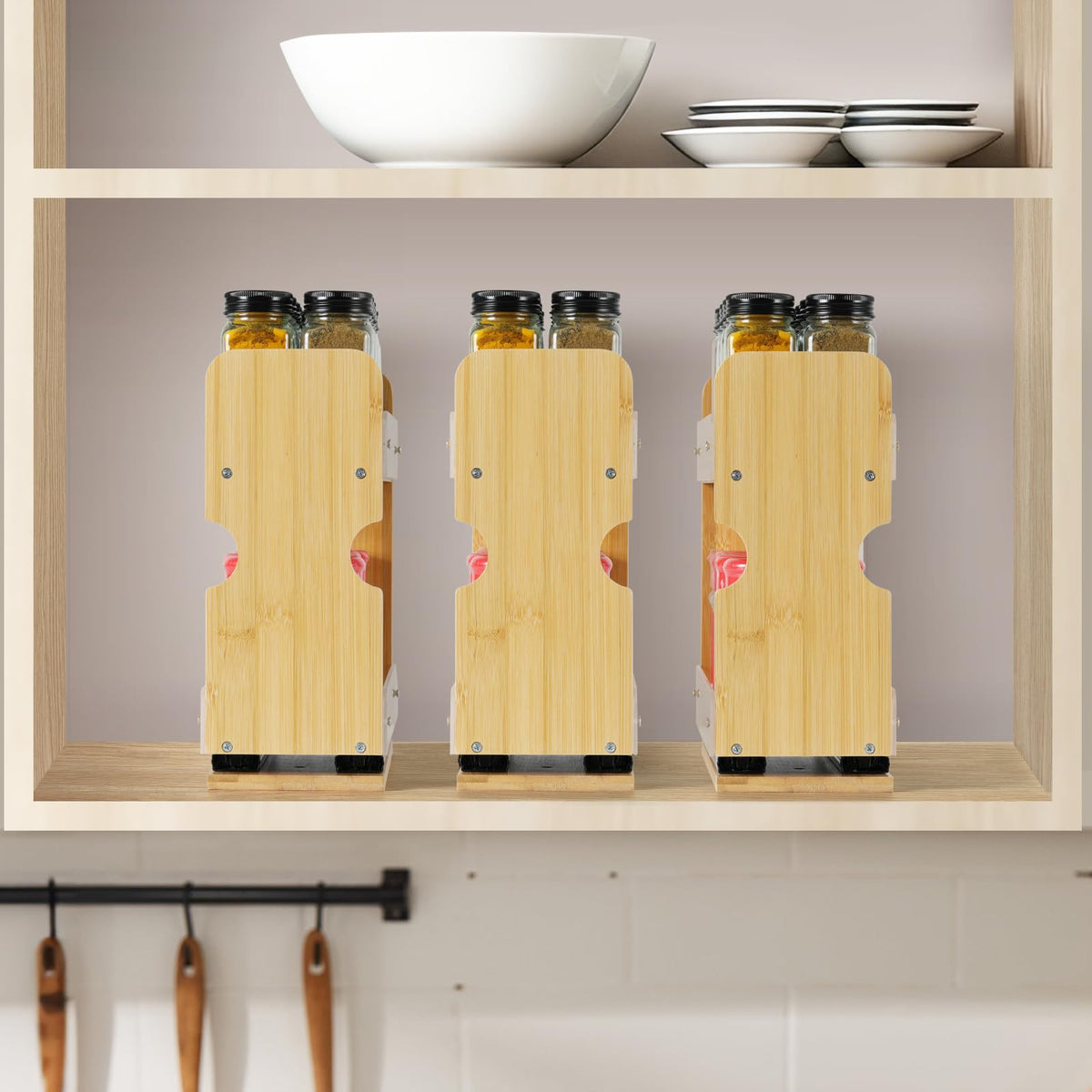 Memxike two-tier organizer in the pantry creates a clutter-free cooking space.