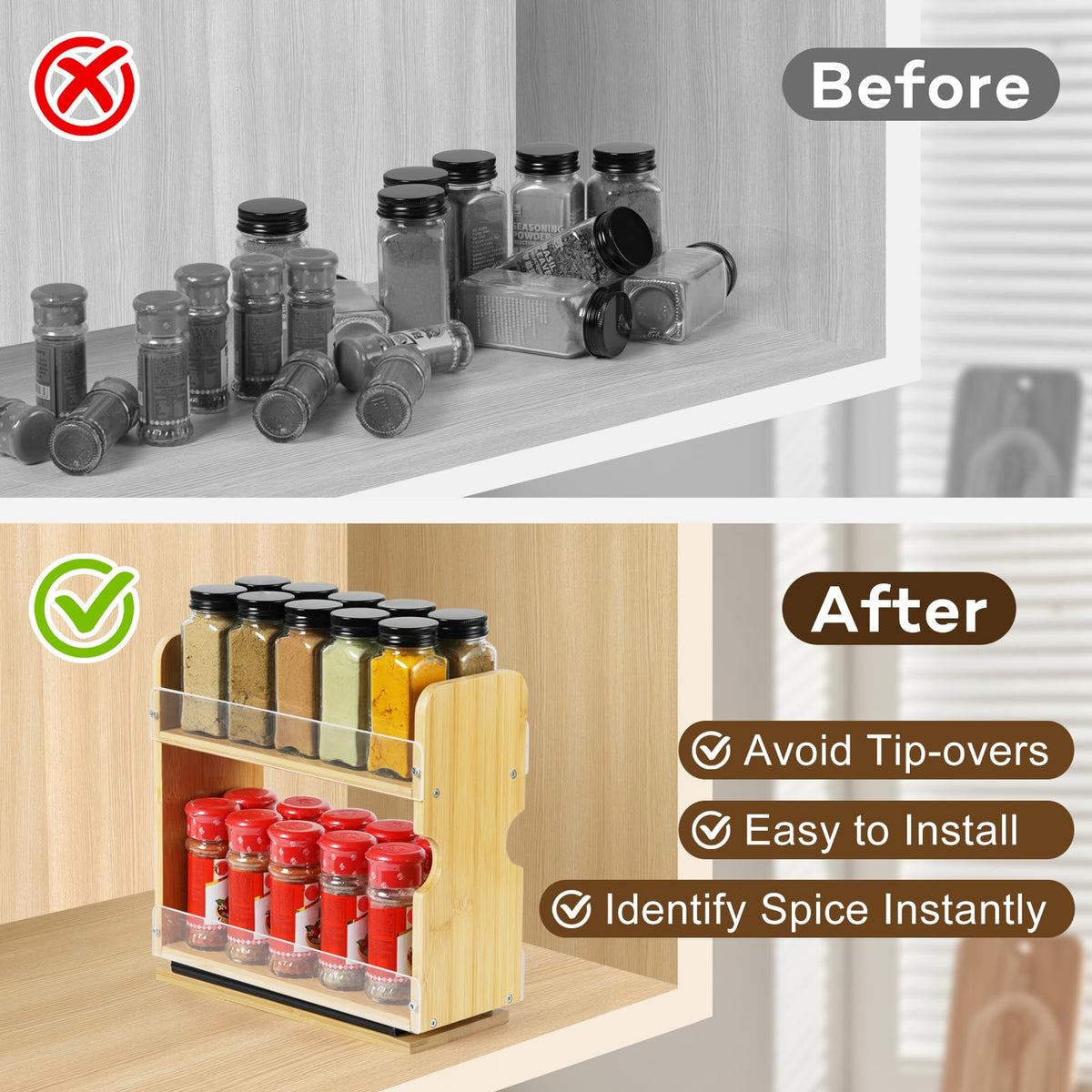Memxike pull-out spice drawer provides full-extension access to jars.
