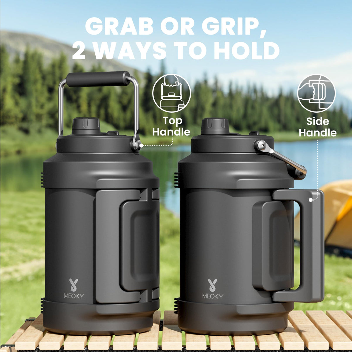 Meoky 128oz bottle with 2-in-1 lid for sip and swig on outdoor adventures