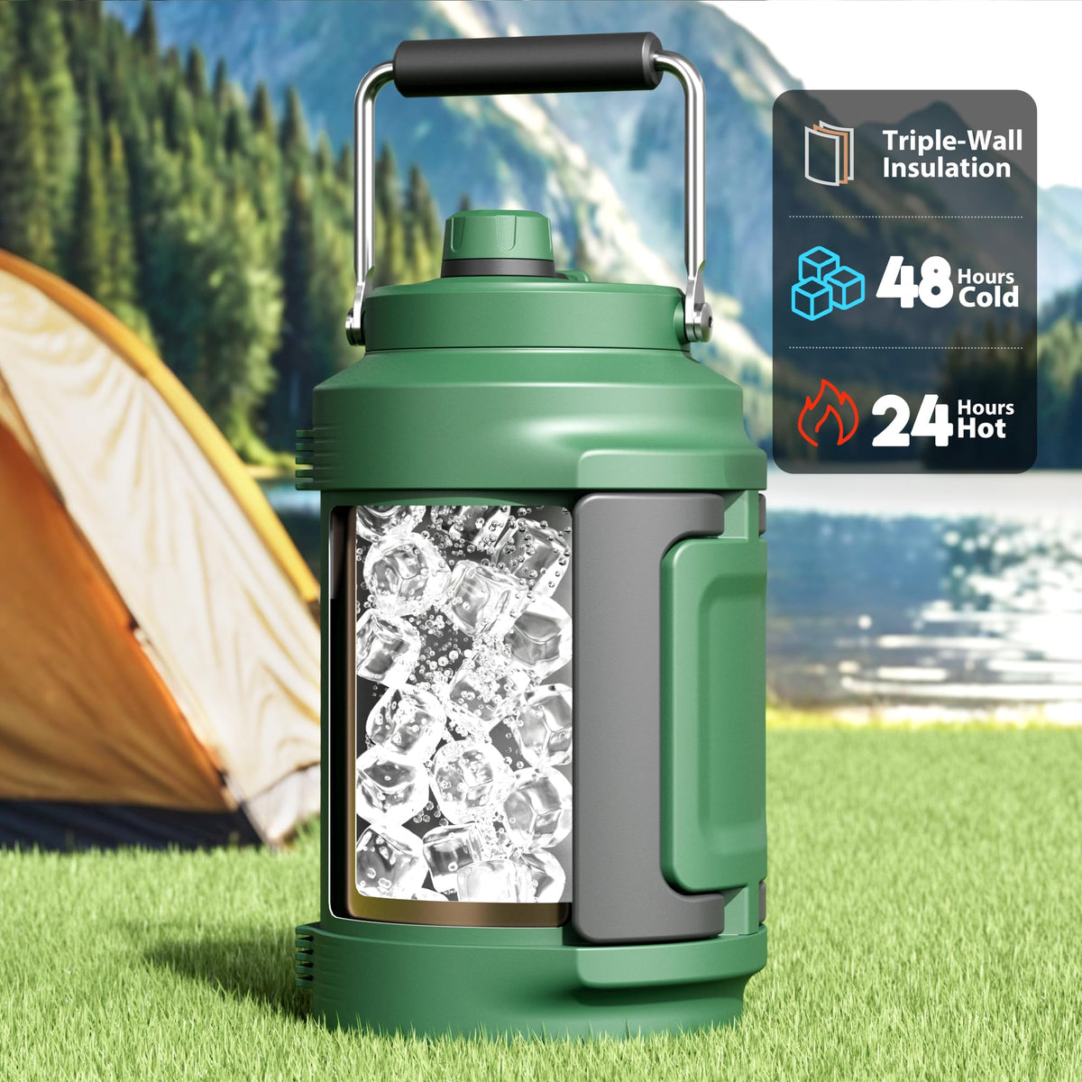 Meoky 128oz bottle with fold-out side handle for secure grip on rugged trails.