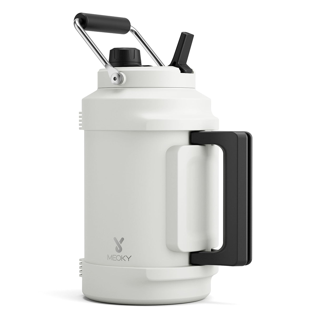 Meoky 128 oz insulated bottle front view keeps beverages cold for outdoor adventures