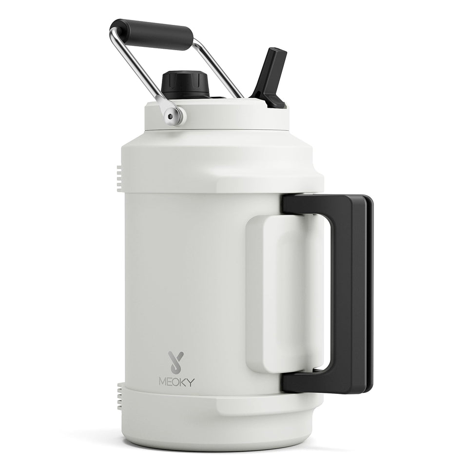 Meoky 128 oz insulated bottle front view keeps beverages cold for outdoor adventures