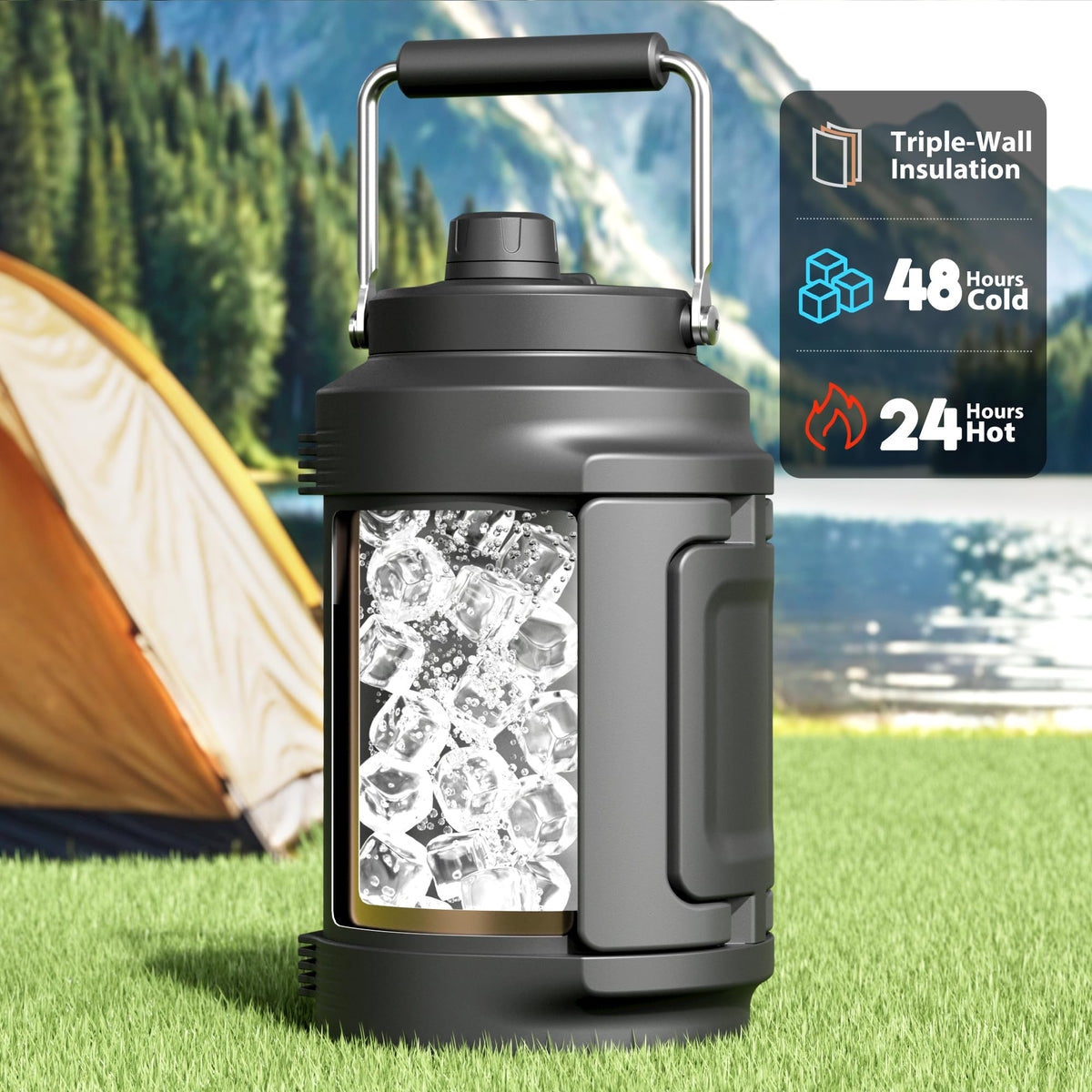 Meoky 128oz bottle with side handle for secure grip on rough terrain