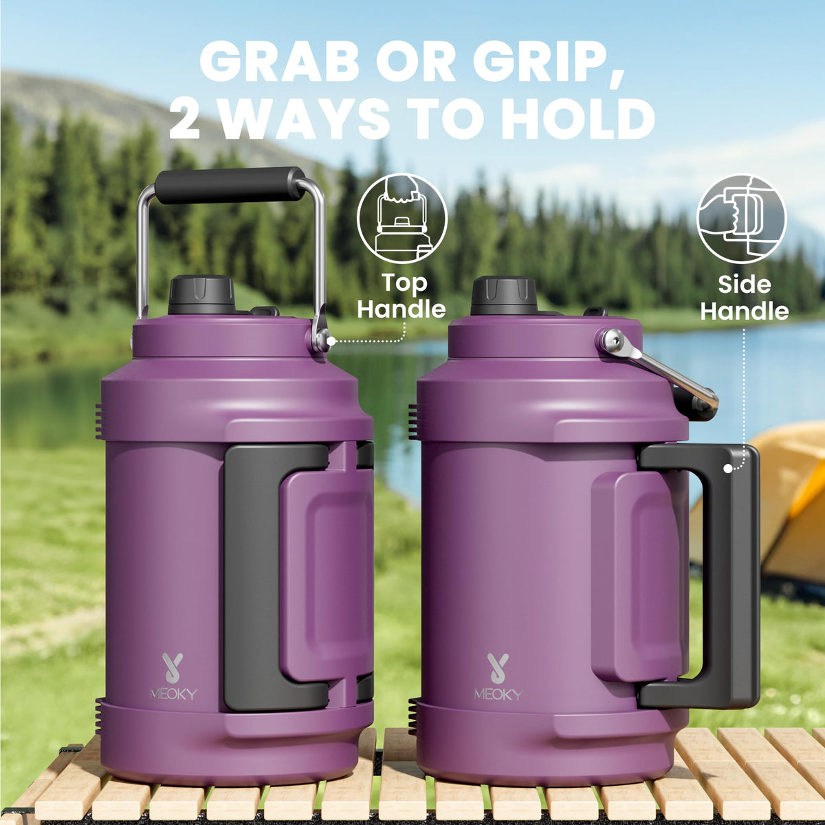 Meoky bottle with 2-in-1 lid for sipping or quick swigs on the go.