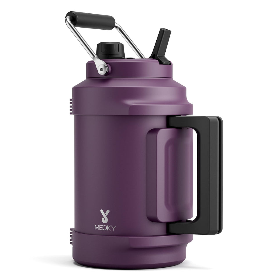Meoky 1 gallon bottle with top handle for easy carrying on outdoor adventures.