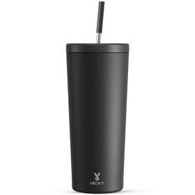 Meoky 24 oz insulated tumbler with lid and straw keeps drinks cold for hours.