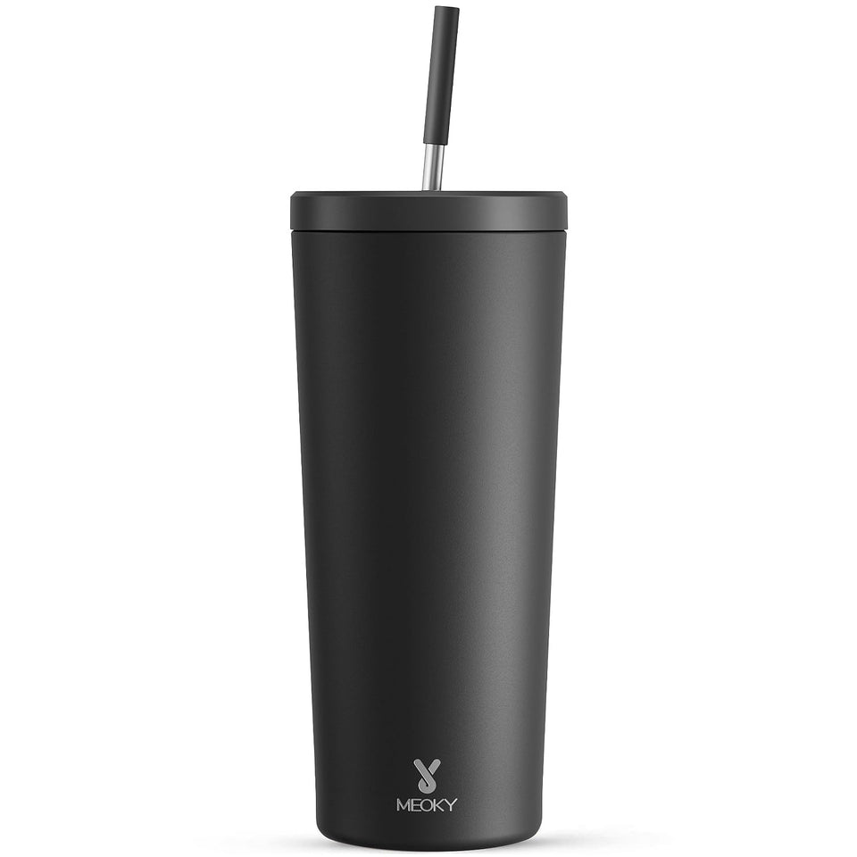 Meoky 24 oz insulated tumbler with lid and straw keeps drinks cold for hours.