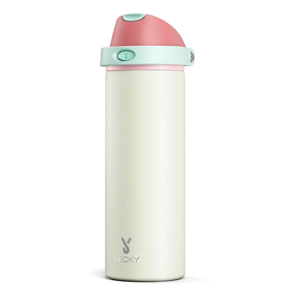 Meoky 24oz insulated bottle with cream lid keeps drinks cold for hours.