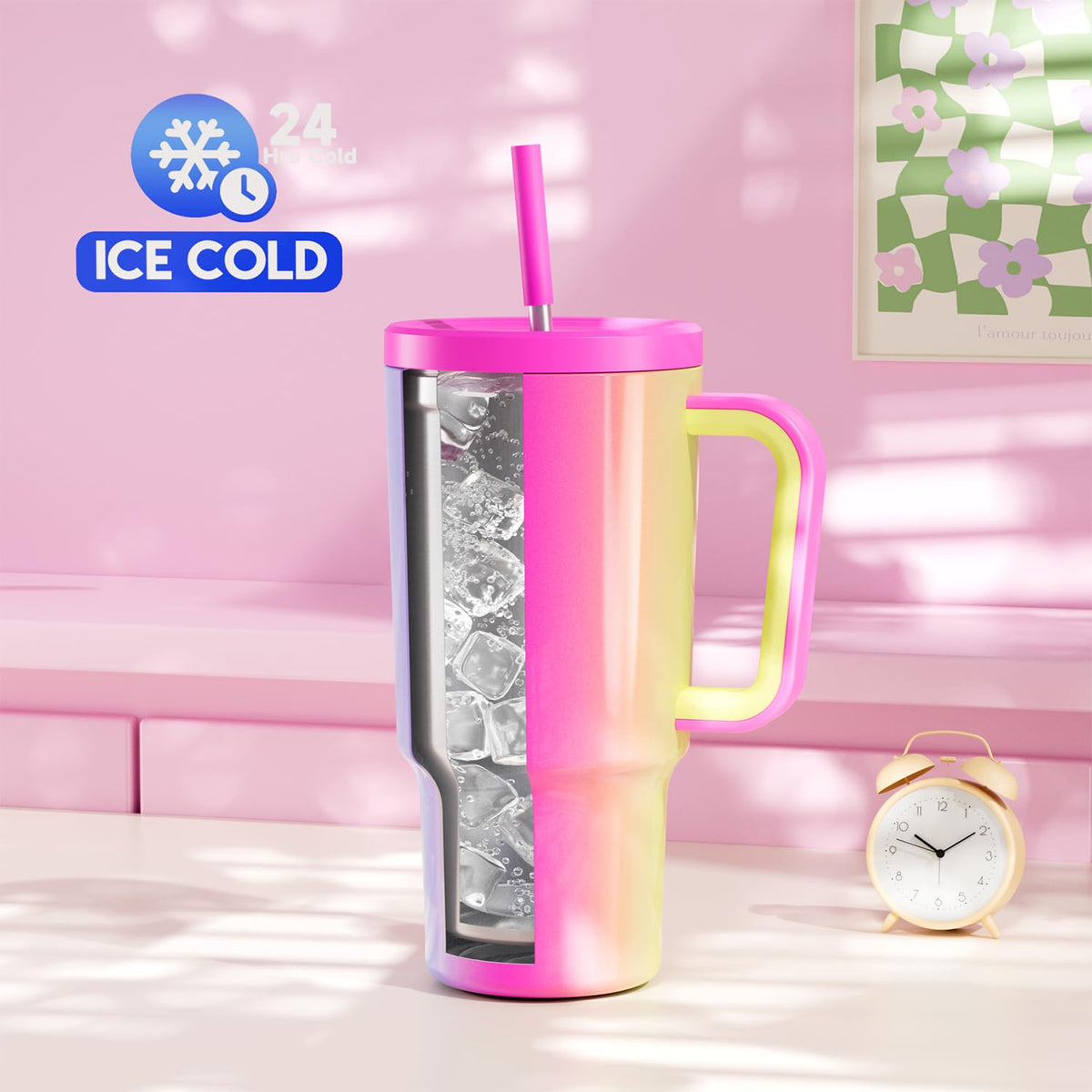Meoky tumbler with leak-proof lid for travel and car use.