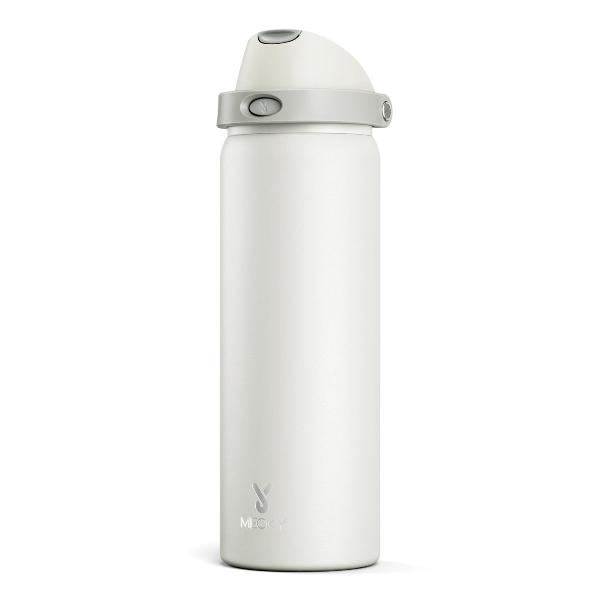 Meoky 32oz insulated bottle with two-in-one lid close-up showing flip straw and push-button spout